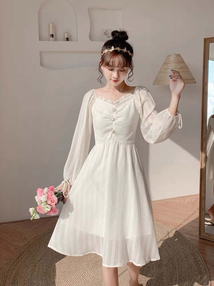 Váy babydoll, váy trắng tiểu thư, bánh bèo dáng dài tay bồng, đầm dự tiệc,  đi chơi siêu xinh dáng xòe, vay005